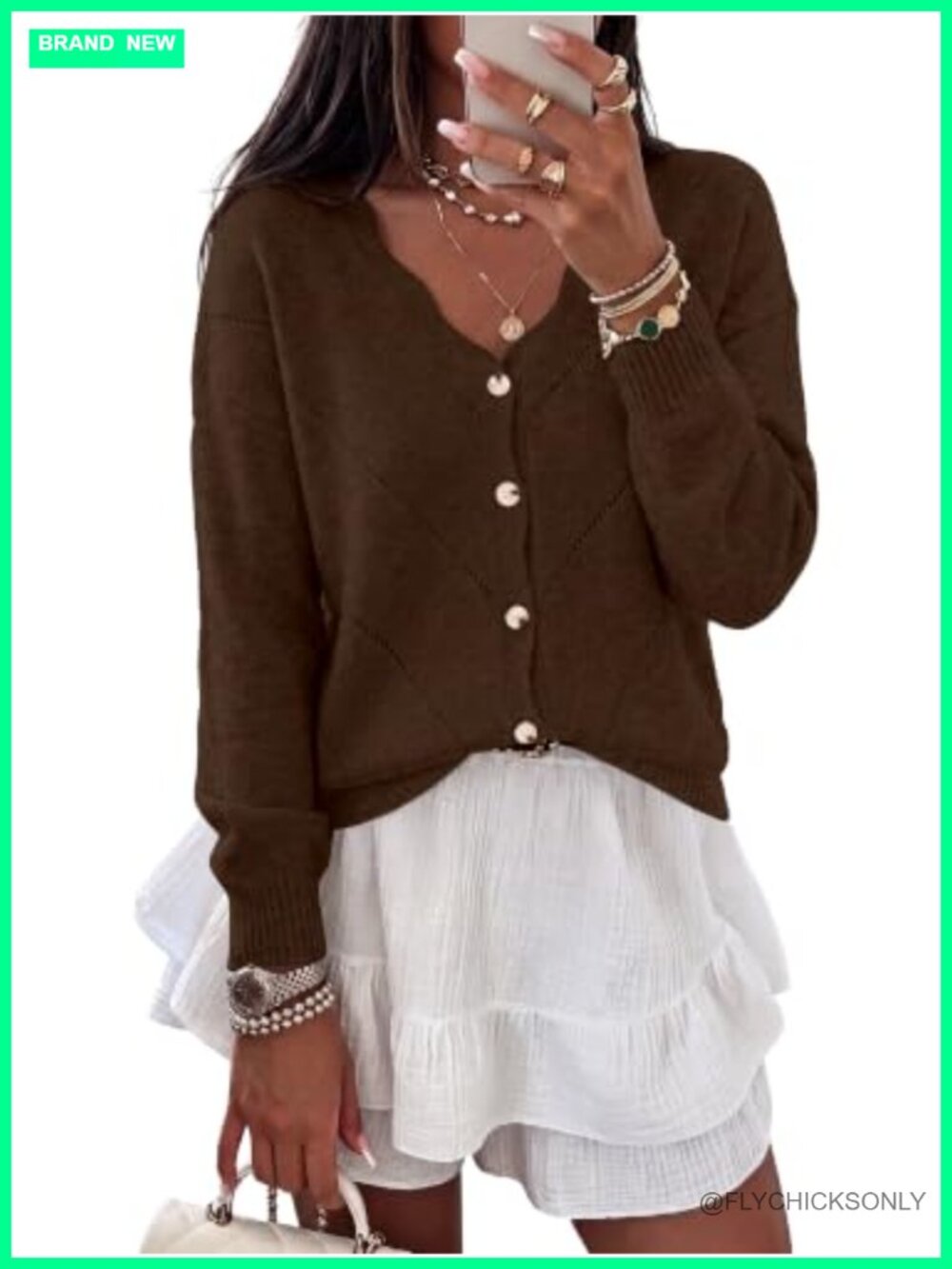 Oversized Scalloped Pointelle Cardigan Sweater Button Down Long Sleeve